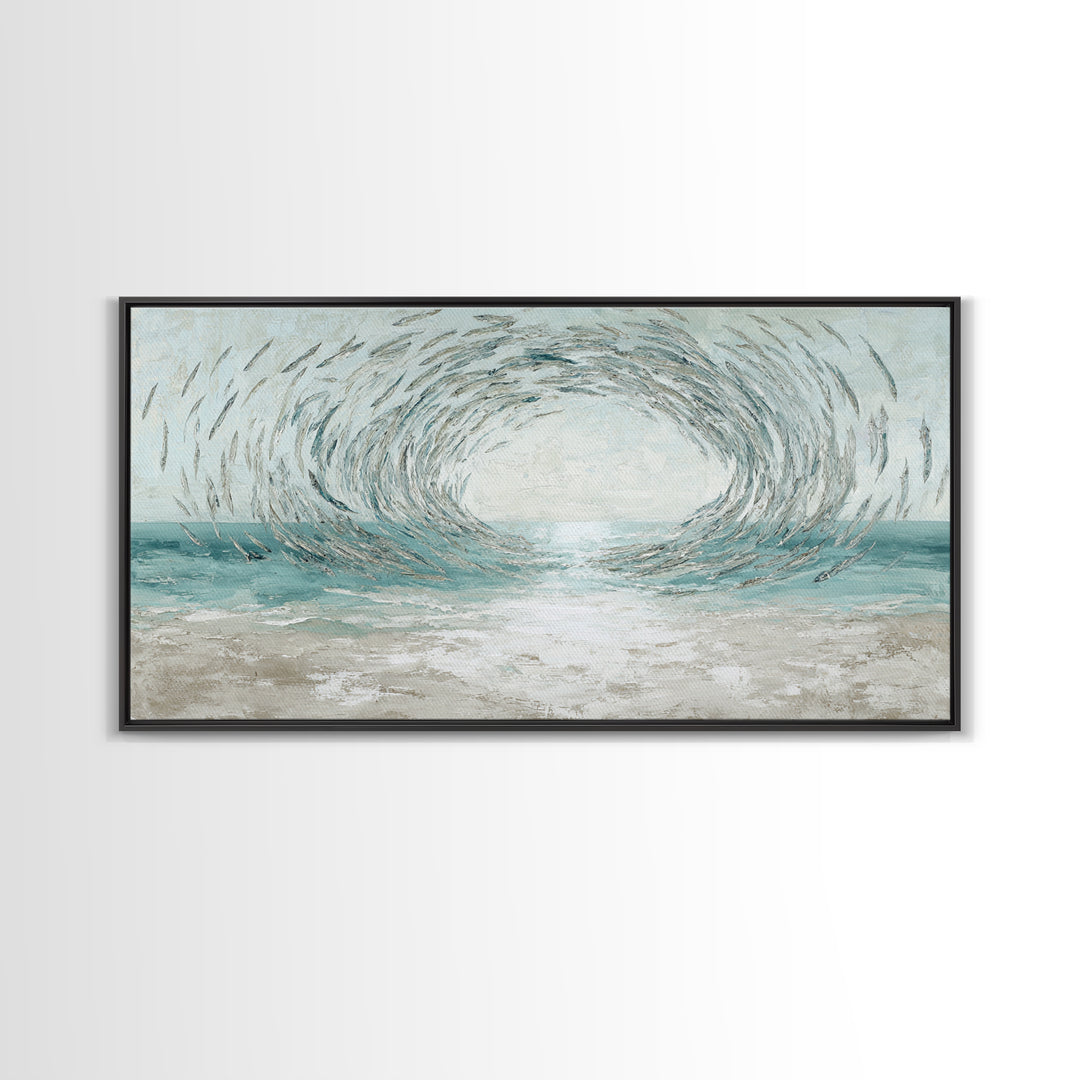 School of Fish Forming a Silver Spiral Framed Canvas Print, Marine Life Art, Coastal Art, Living Room Decor, Fine Art, Marine, MLA-2x1-72