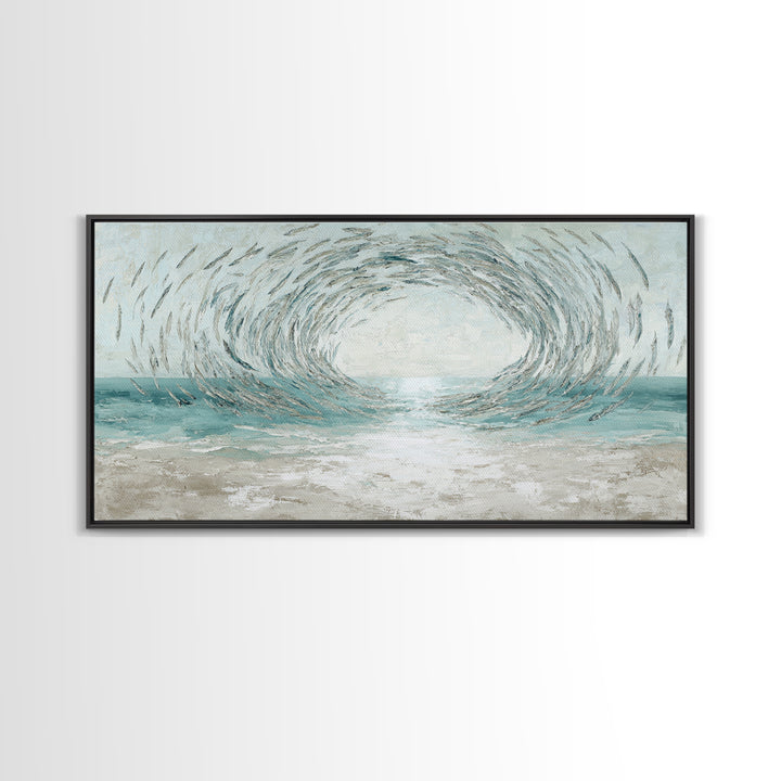 School of Fish Forming a Silver Spiral Framed Canvas Print, Marine Life Art, Coastal Art, Living Room Decor, Fine Art, Marine, MLA-2x1-72