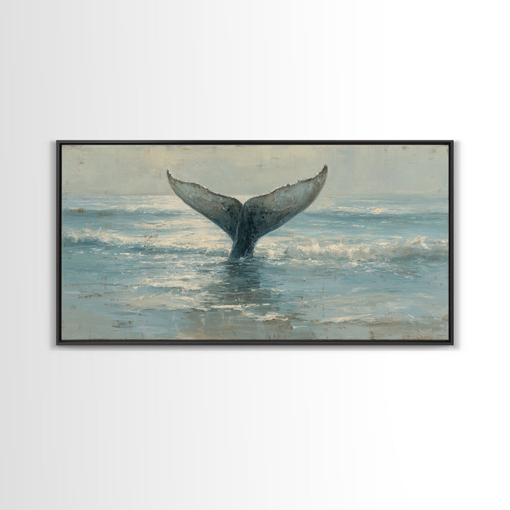 Whale Tail Rising from Misty Ocean Canvas Print, Marine Life Art, Luxury Decor, Living Room Decor, Oil Painting, Marine, MLA-2x1-94