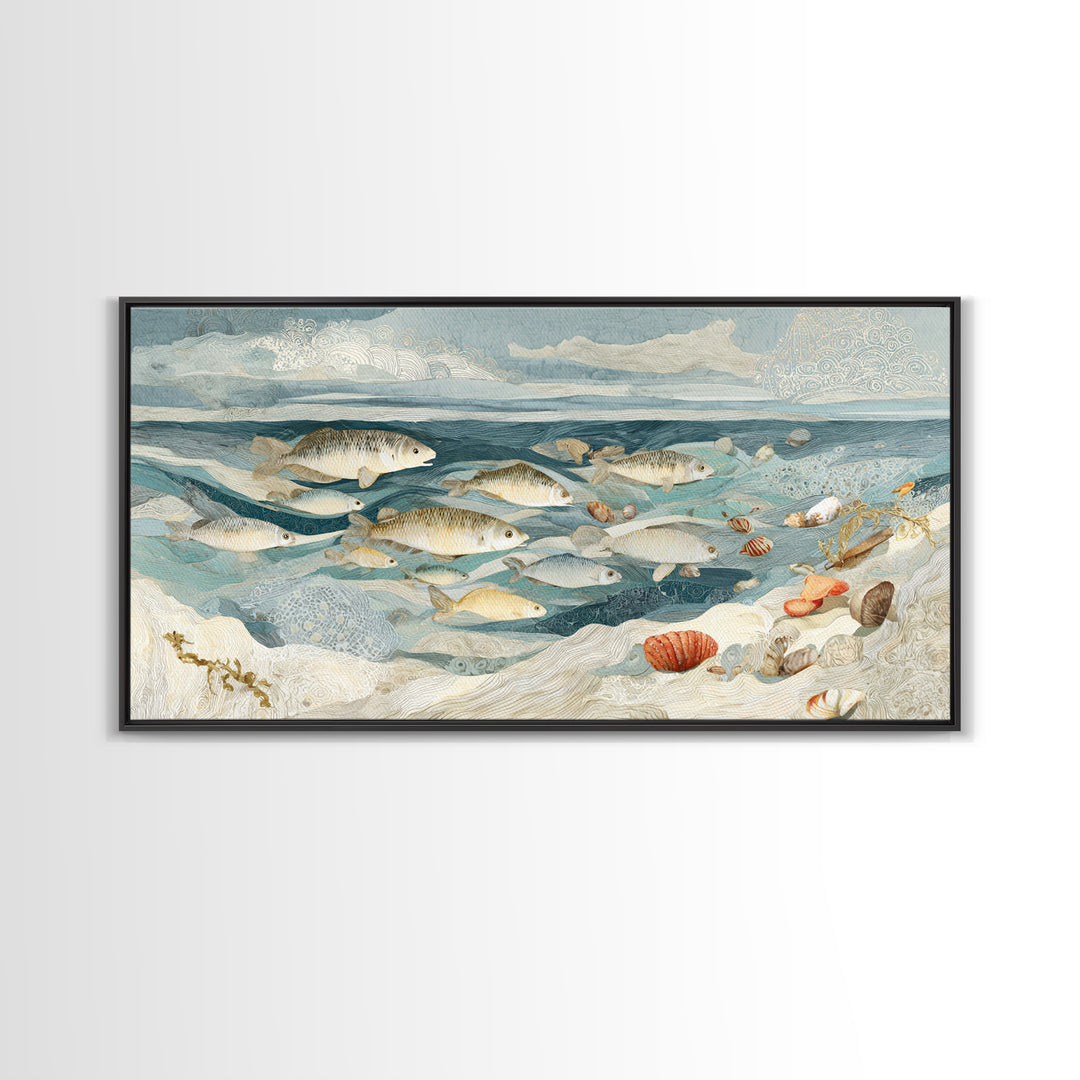 School of Fish Forming a Silver Spiral Framed Canvas Print, Marine Life Art, Ocean Decor, Living Room Decor, Oil Painting, MLA-2x1-96