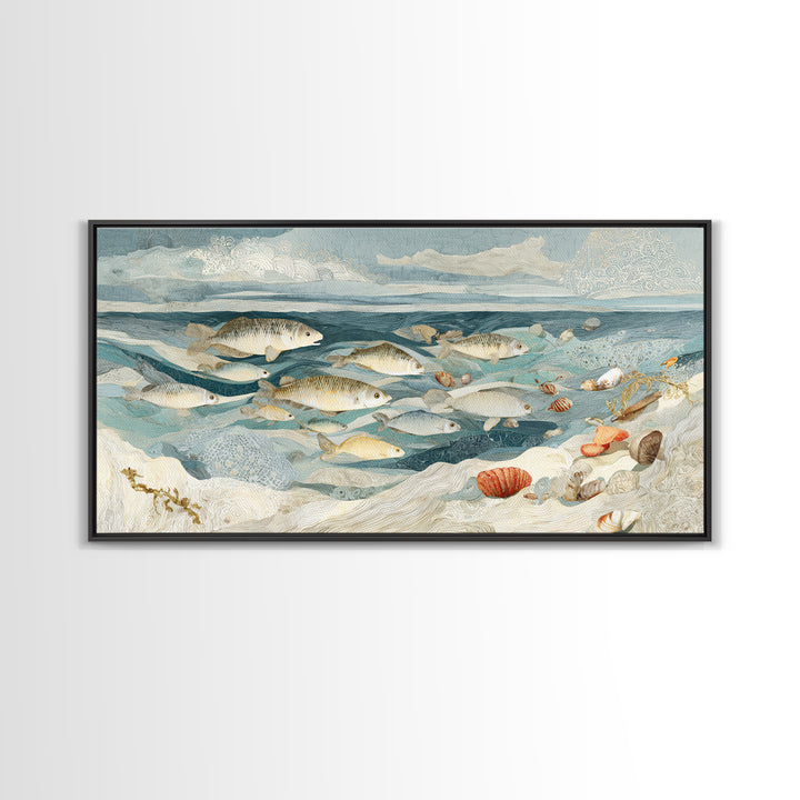 School of Fish Forming a Silver Spiral Framed Canvas Print, Marine Life Art, Ocean Decor, Living Room Decor, Oil Painting, MLA-2x1-96