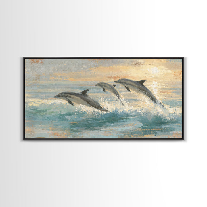 Dolphins Leaping Through Sunlit Waves Framed Canvas Print, Marine Life Art, Coastal Art, Living Room Decor, Fine Art, Marine, MLA-2x1-99