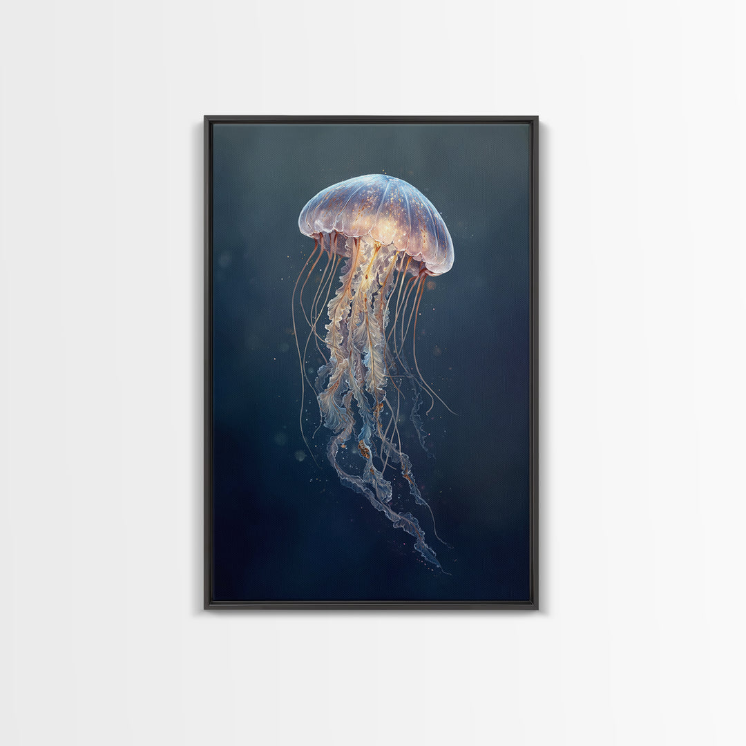 Jellyfish Floating in Luminous Dark Water Canvas Print, Marine Life Art, Handmade Art, Living Room Decor, Oil Painting, Marine, MLA-2x3-14