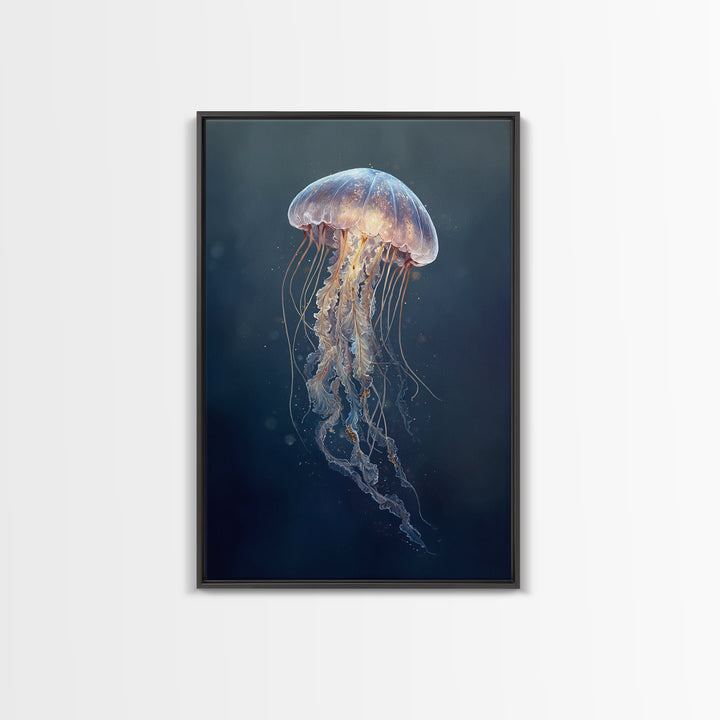 Jellyfish Floating in Luminous Dark Water Canvas Print, Marine Life Art, Handmade Art, Living Room Decor, Oil Painting, Marine, MLA-2x3-14