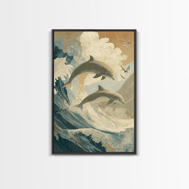 Dolphins Leaping Through Sunlit Waves Canvas Print, Marine Life Art, Surf Poster, Living Room Decor, Fine Art, Marine, MLA-2x3-15