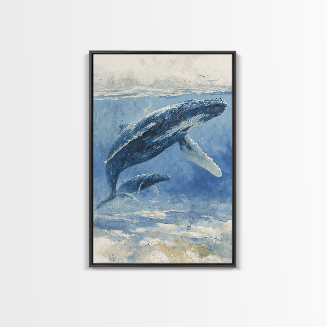 Humpback Whale and Calf Framed Canvas Print, Marine Life Art, Tropical Wall Art, Living Room Decor, Fine Art, Marine, MLA-2x3-26