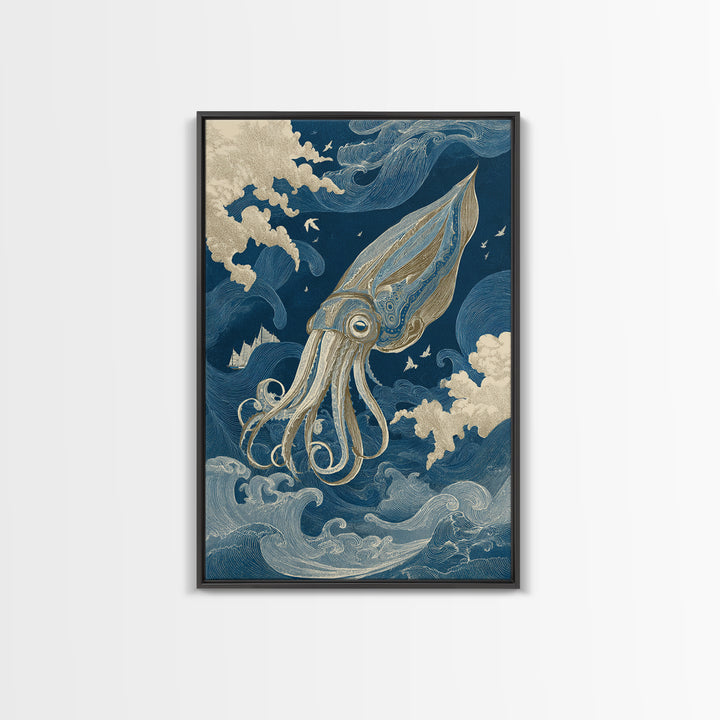 Squid in a Mysterious Midnight Sea Canvas Print, Marine Life Art, Ocean Wall Art, Living Room Decor, Watercolor Art, Marine, MLA-2x3-27