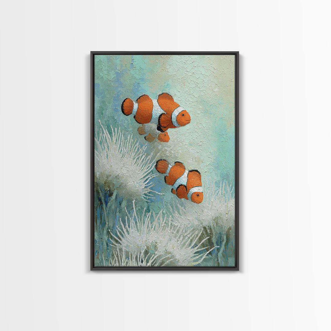 Clownfish Around Anemone Tentacles Framed Canvas Print, Marine Life Art, Textured Painting, Living Room Decor, Fine Art, Marine, MLA-2x3-28