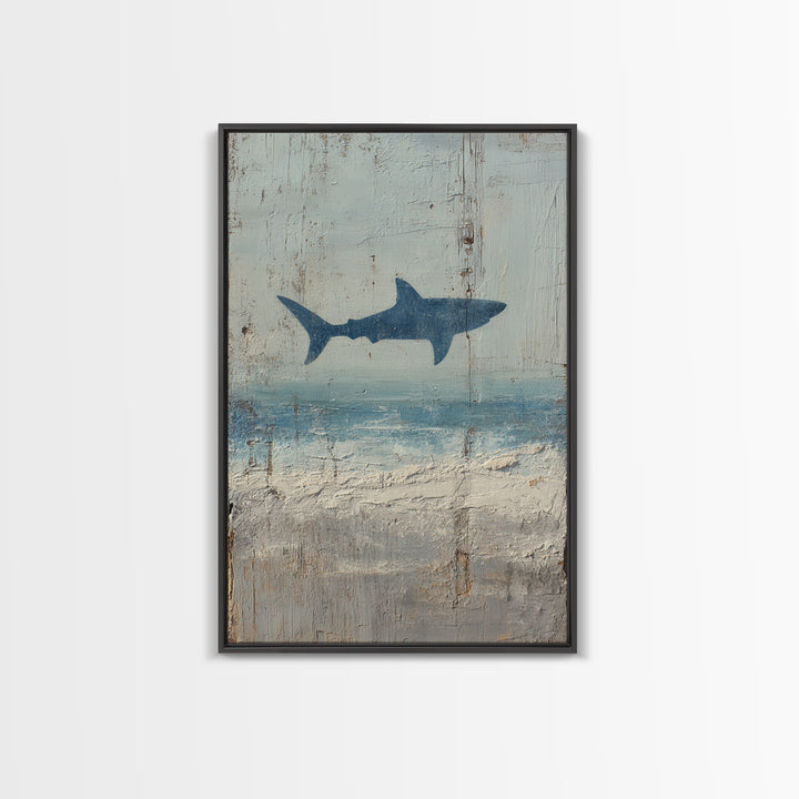 Shark Silhouette in Deep Blue Light Framed Canvas Print, Marine Life Art, Nautical Wall Art, Living Room Decor, Watercolor Art, MLA-2x3-44