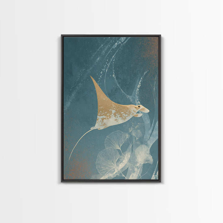 Manta Ray Flying Through Underwater Light Framed Canvas Print, Marine Life Art, Home Decor, Living Room Decor, Fine Art, Marine, MLA-2x3-46