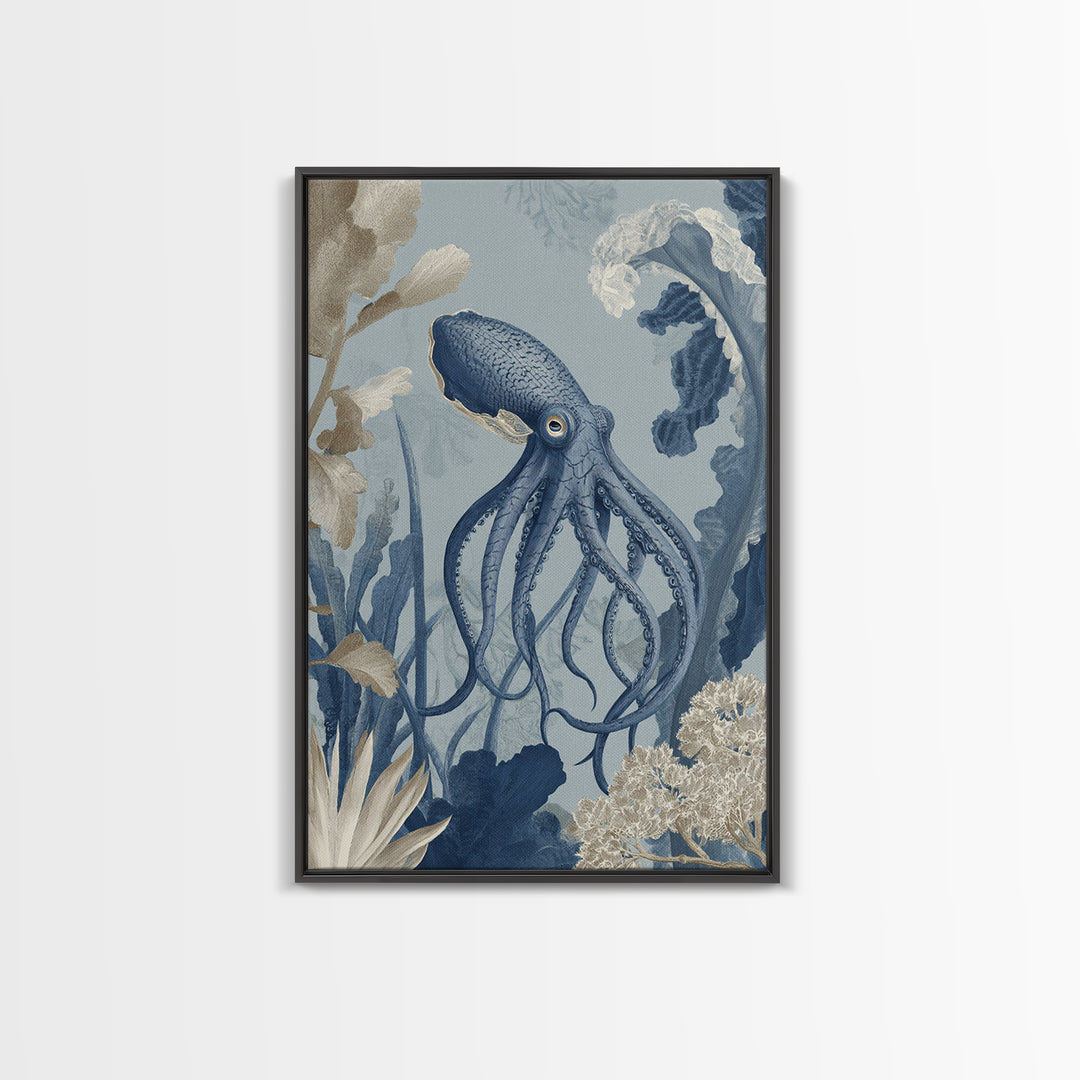 Squid in a Mysterious Midnight Sea Framed Canvas Print, Marine Life Art, Ocean Decor, Living Room Decor, Oil Painting, Marine, MLA-2x3-51