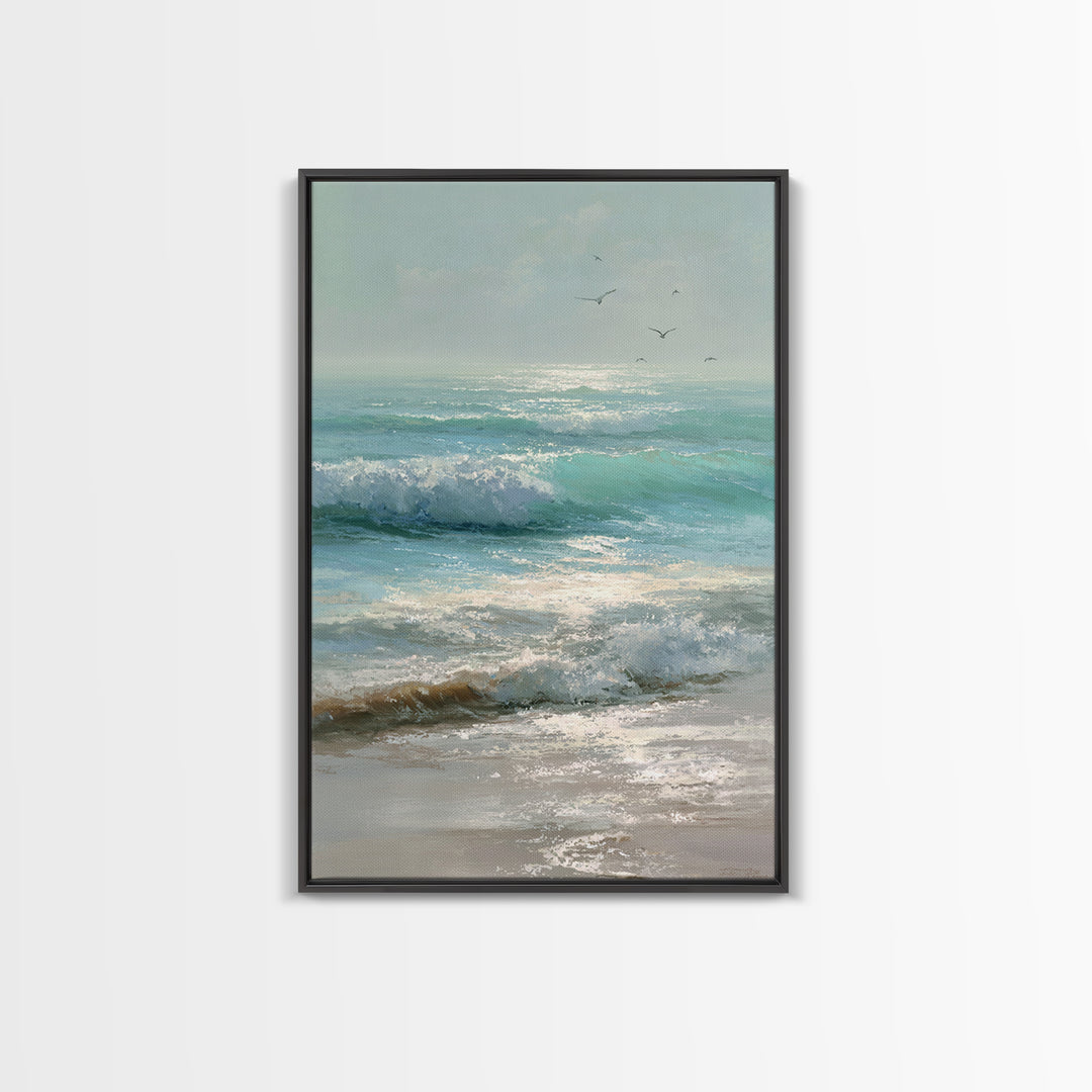 Dolphins Leaping Through Sunlit Waves Framed Canvas Print, Marine Life Art, Ocean Painting, Living Room Decor, Watercolor Art, MLA-2x3-63