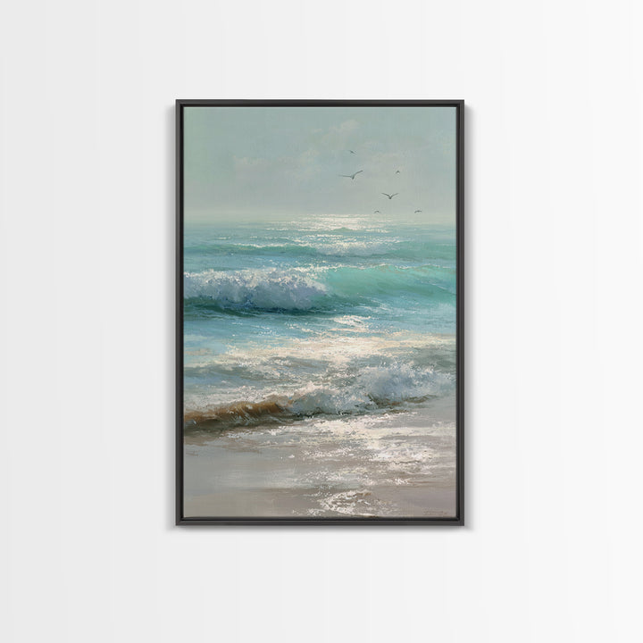 Dolphins Leaping Through Sunlit Waves Framed Canvas Print, Marine Life Art, Ocean Painting, Living Room Decor, Watercolor Art, MLA-2x3-63