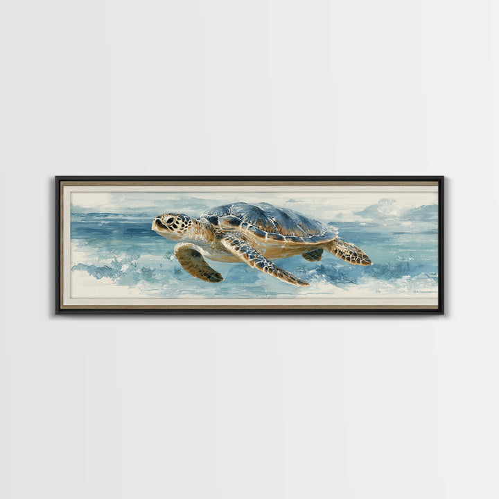 Sea Turtle Gliding Through Clear Blue Water Framed Canvas Print, Marine Life Art, Watercolor Art, Living Room Decor, Marine, MLA-3x1-17