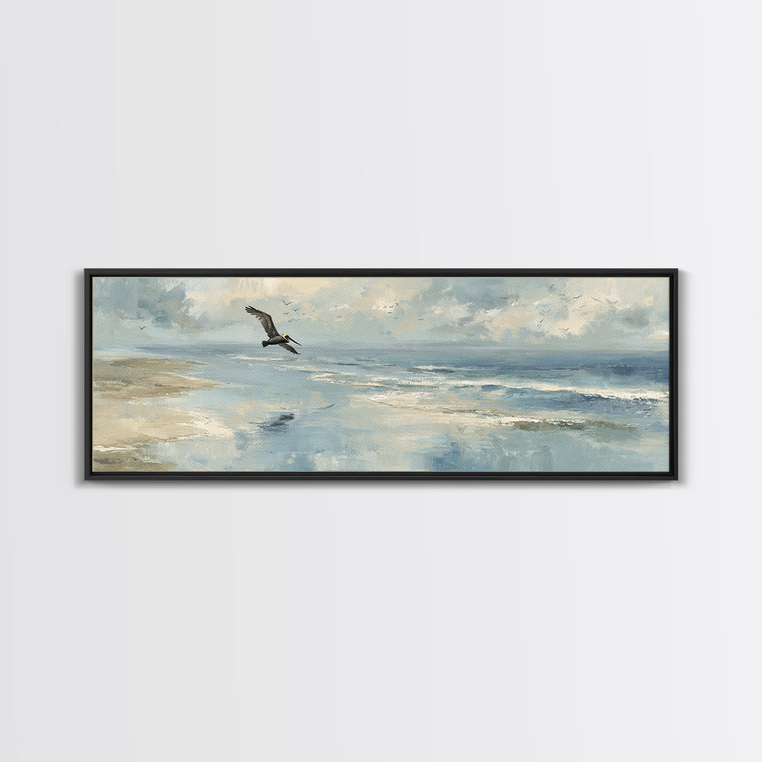 Pelican Diving Toward Fish Near Surface Framed Canvas Print, Marine Life Art, Neutral Decor, Living Room Decor, Marine, MLA-3x1-63