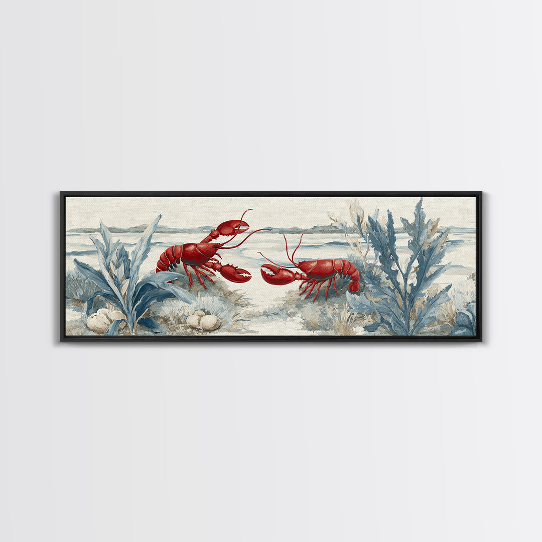 Lobster in Bold Coastal Red Palette Framed Canvas Print, Marine Life Art, Tropical Wall Art, Living Room Decor, Marine, MLA-3x1-7