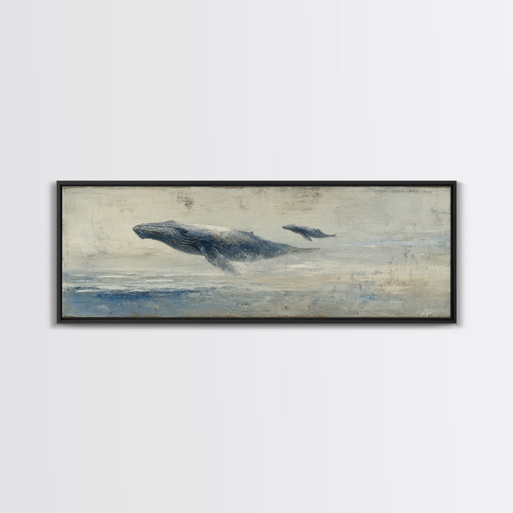 Humpback Whale and Calf Framed Canvas Print, Marine Life Art, Coastal Wall Art, Living Room Decor, Oil Painting, Marine, MLA-3x1-82