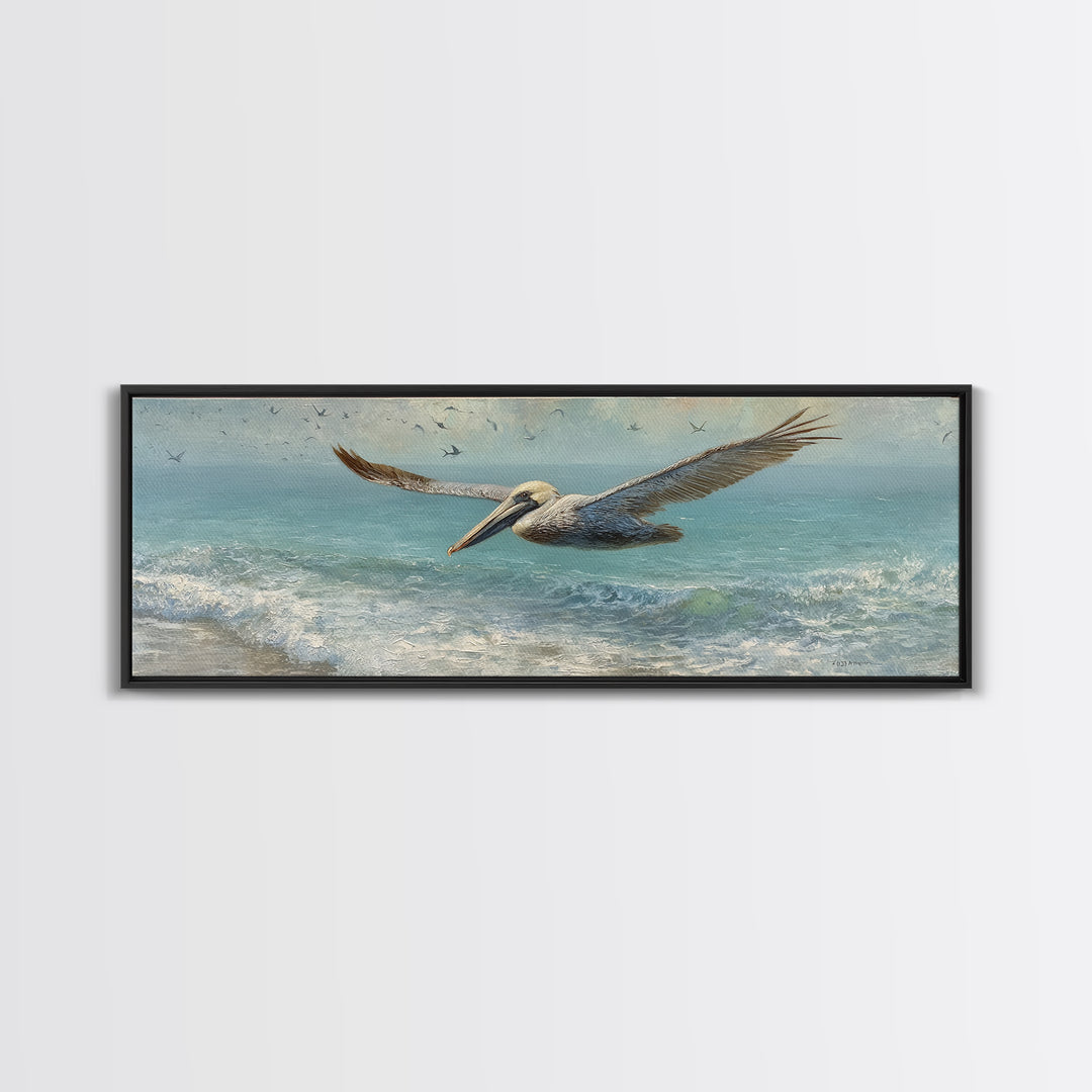 Pelican Diving Toward Fish Near Surface Framed Canvas Print, Marine Life Art, Contemporary Art, Living Room Decor, Marine, MLA-3x1-87