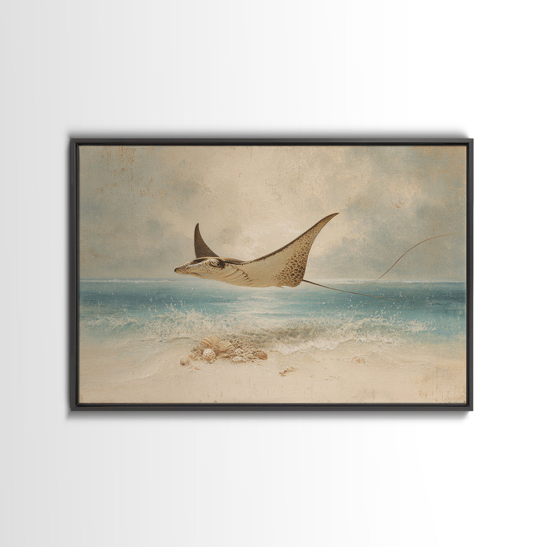 Manta Ray Flying Through Underwater Light Framed Canvas Print, Marine Life Art, Textured Painting, Living Room Decor, Marine, MLA-3x2-18