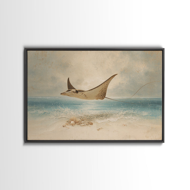 Manta Ray Flying Through Underwater Light Framed Canvas Print, Marine Life Art, Textured Painting, Living Room Decor, Marine, MLA-3x2-18