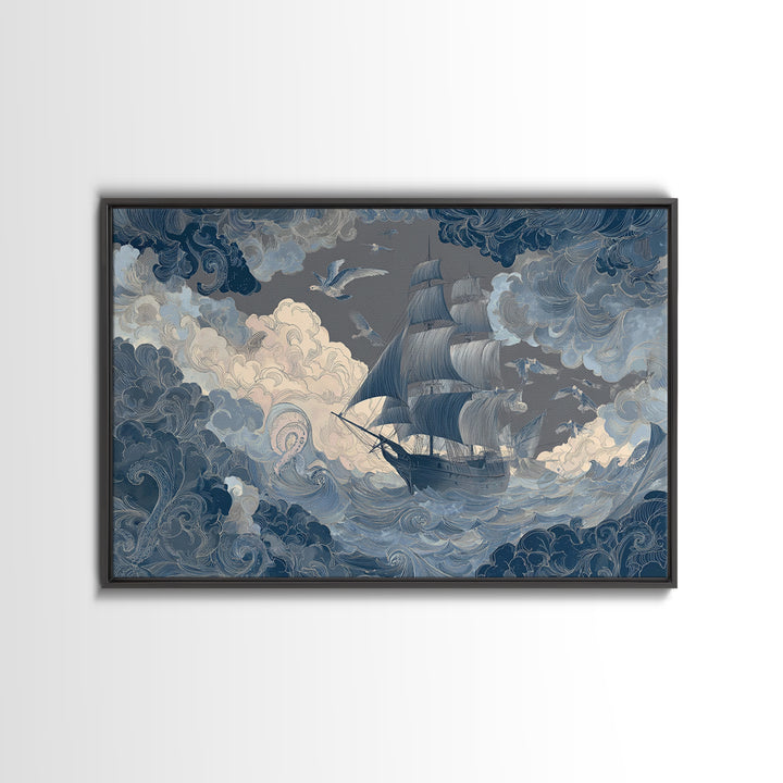 Squid in a Mysterious Midnight Sea Framed Canvas Print, Marine Life Art, Room Decor, Living Room Decor, Fine Art, Marine, MLA-3x2-23