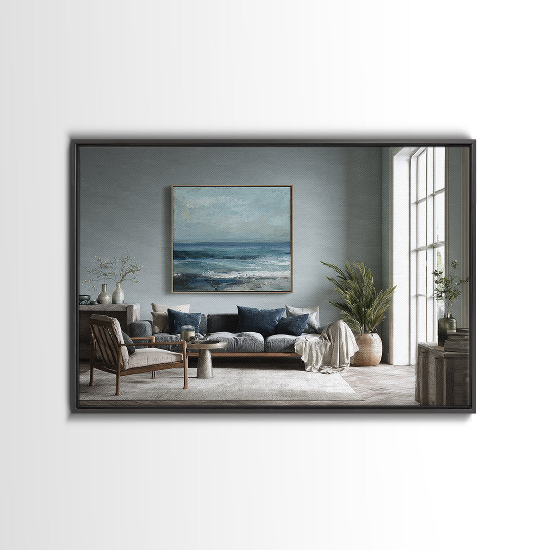 Squid in a Mysterious Midnight Sea Framed Canvas Print, Marine Life Art, Ocean Decor, Living Room Decor, Oil Painting, Marine, MLA-3x2-47