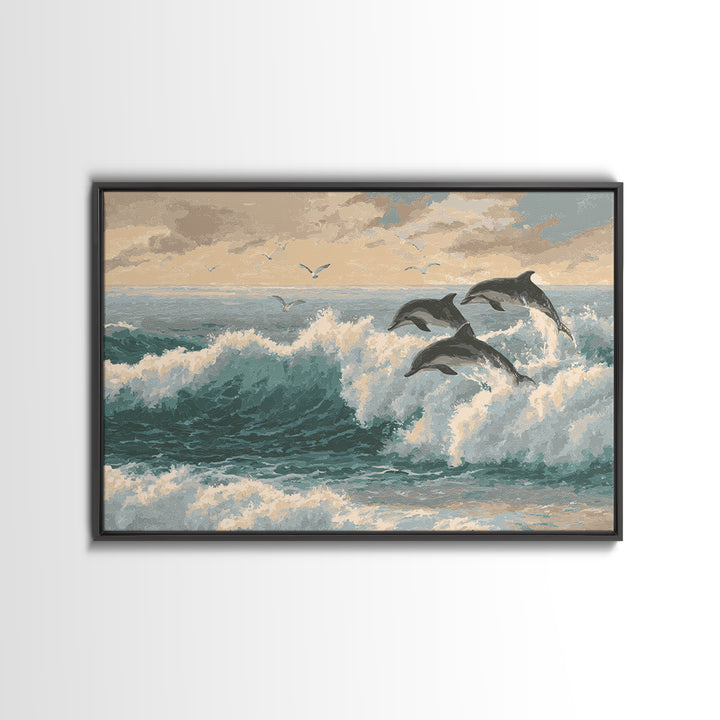 Dolphins Leaping Through Sunlit Waves Framed Canvas Print, Marine Life Art, Original Artwork, Living Room Decor, Oil Painting, MLA-3x2-59