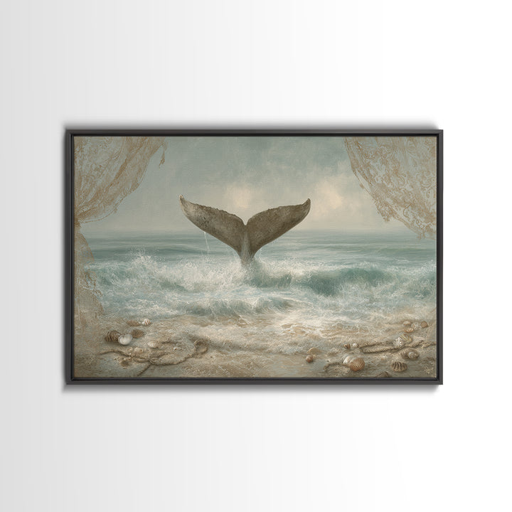 Whale Tail Rising from Misty Ocean Framed Canvas Print, Marine Life Art, Contemporary Art, Living Room Decor, Fine Art, Marine, MLA-3x2-6
