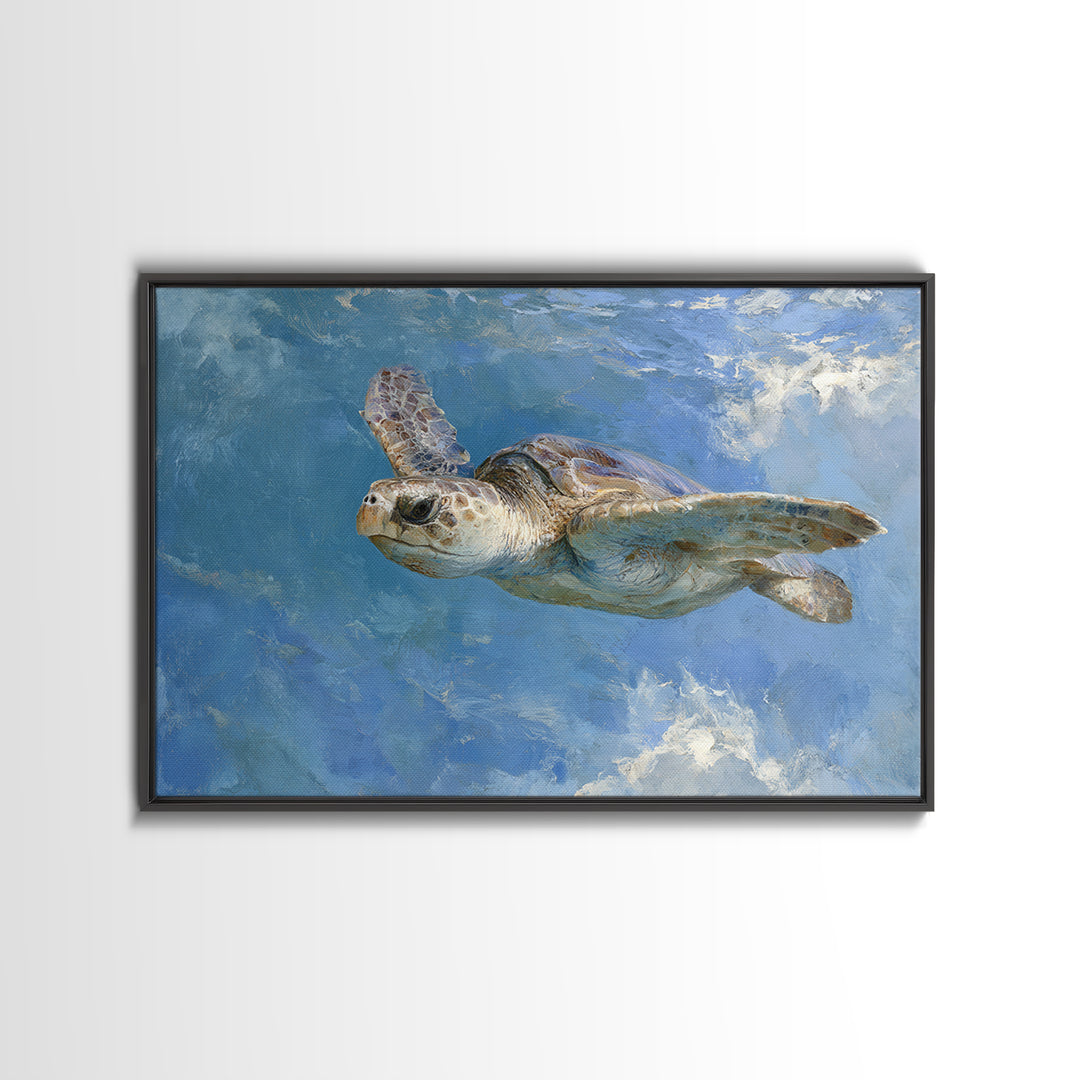 Sea Turtle Gliding Through Clear Blue Water Framed Canvas Print, Marine Life Art, Original Artwork, Living Room Decor, Marine, MLA-3x2-77