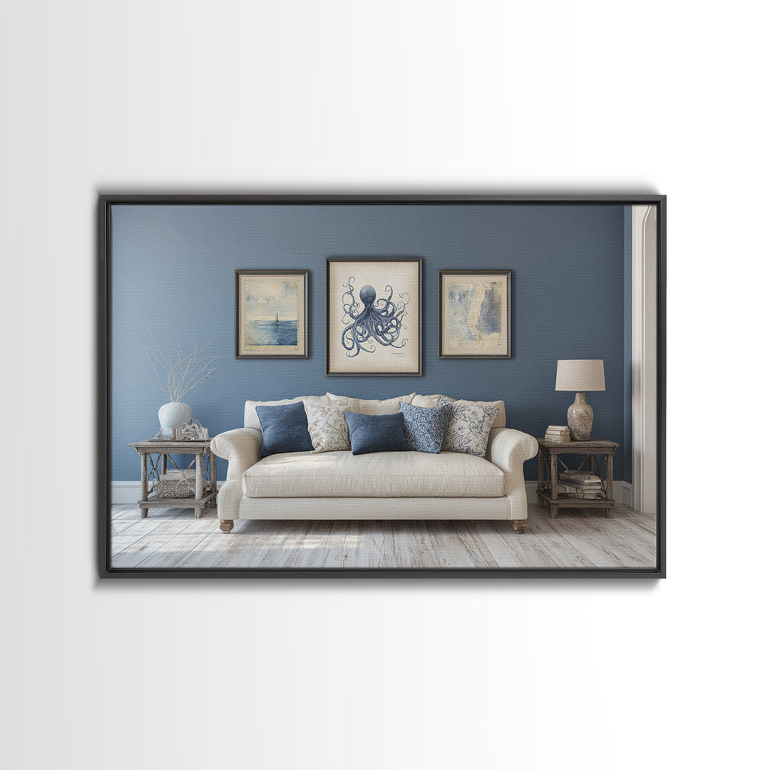 Squid in a Mysterious Midnight Sea Framed Canvas Print, Marine Life Art, Ocean Decor, Living Room Decor, Fine Art, Marine, MLA-3x2-95
