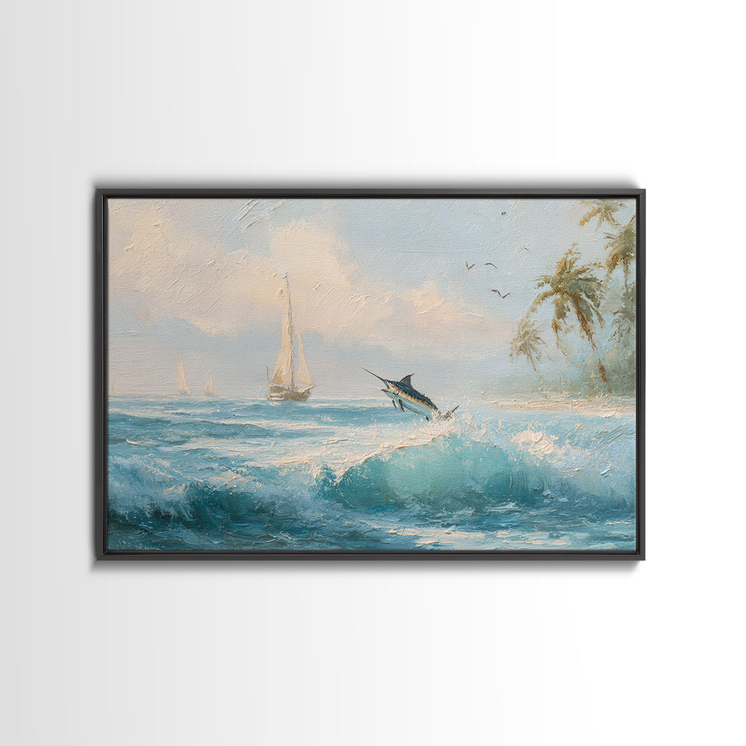 Sailfish Leaping in Dramatic Motion Framed Canvas Print, Marine Life Art, Nautical Wall Decor, Living Room Decor, MLA-3x2-97