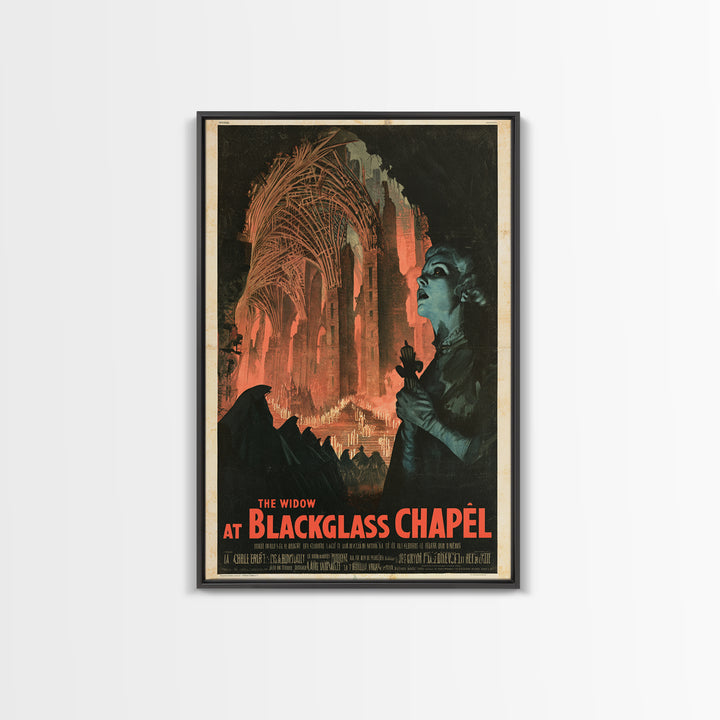 The Widow At Blackglass Chapel, French Horror Film Poster, Retro Gothic Cinema Art, Vintage Halloween Wall Art, Framed Canvas Print