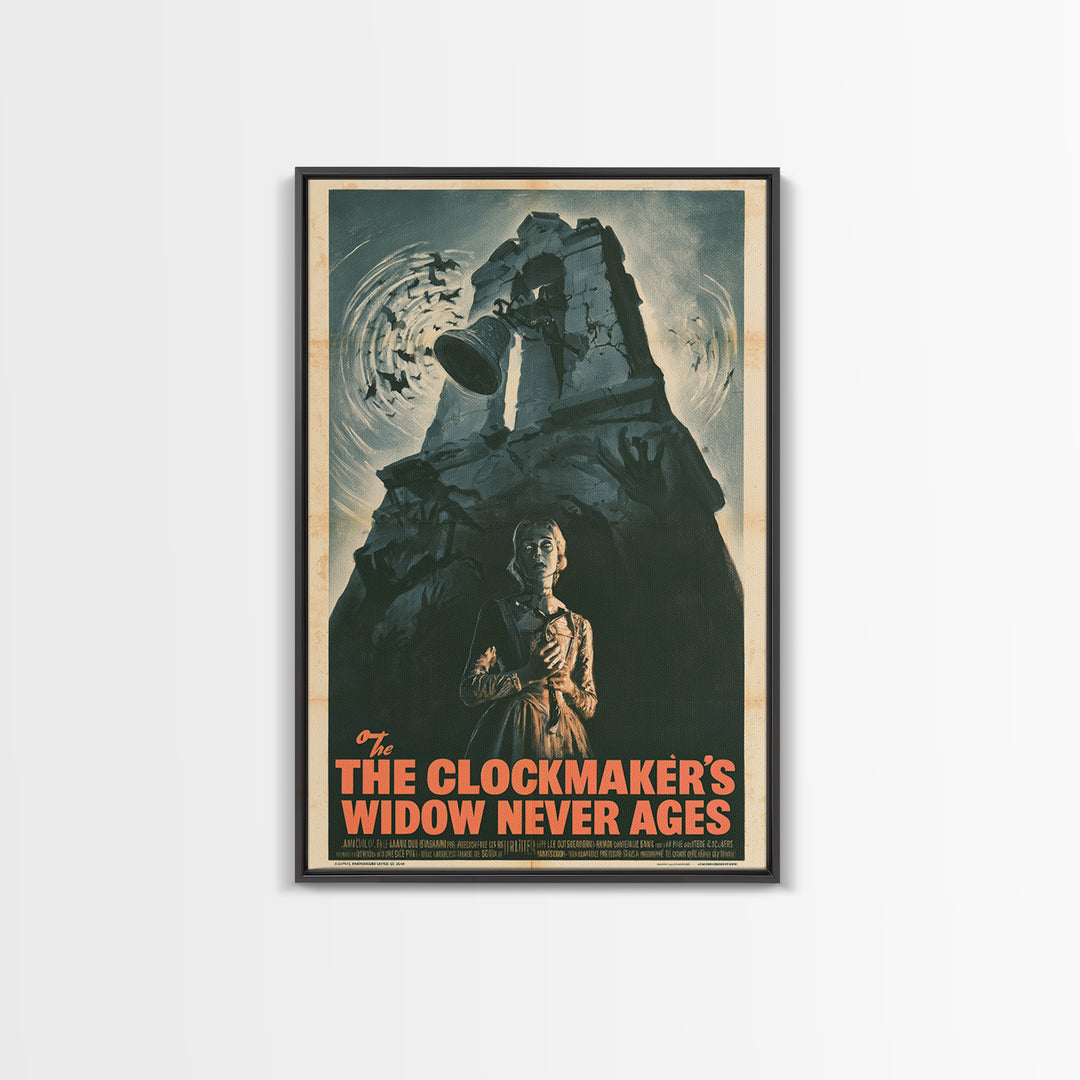 The Clockmaker's Widow Never Ages, French Horror Film Poster, Retro Gothic Cinema Art, Vintage Halloween Wall Art, Framed Canvas Print