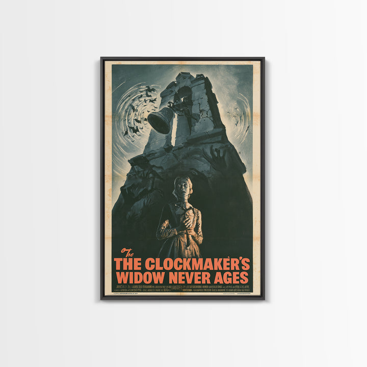 The Clockmaker's Widow Never Ages, French Horror Film Poster, Retro Gothic Cinema Art, Vintage Halloween Wall Art, Framed Canvas Print