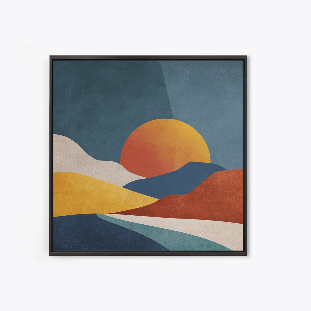Large Sun and Hill Shapes Framed Canvas Print, Midcentury Modern Art, Textured Painting, Living Room Decor, Abstract Art, Retro, MMA-1x1-29