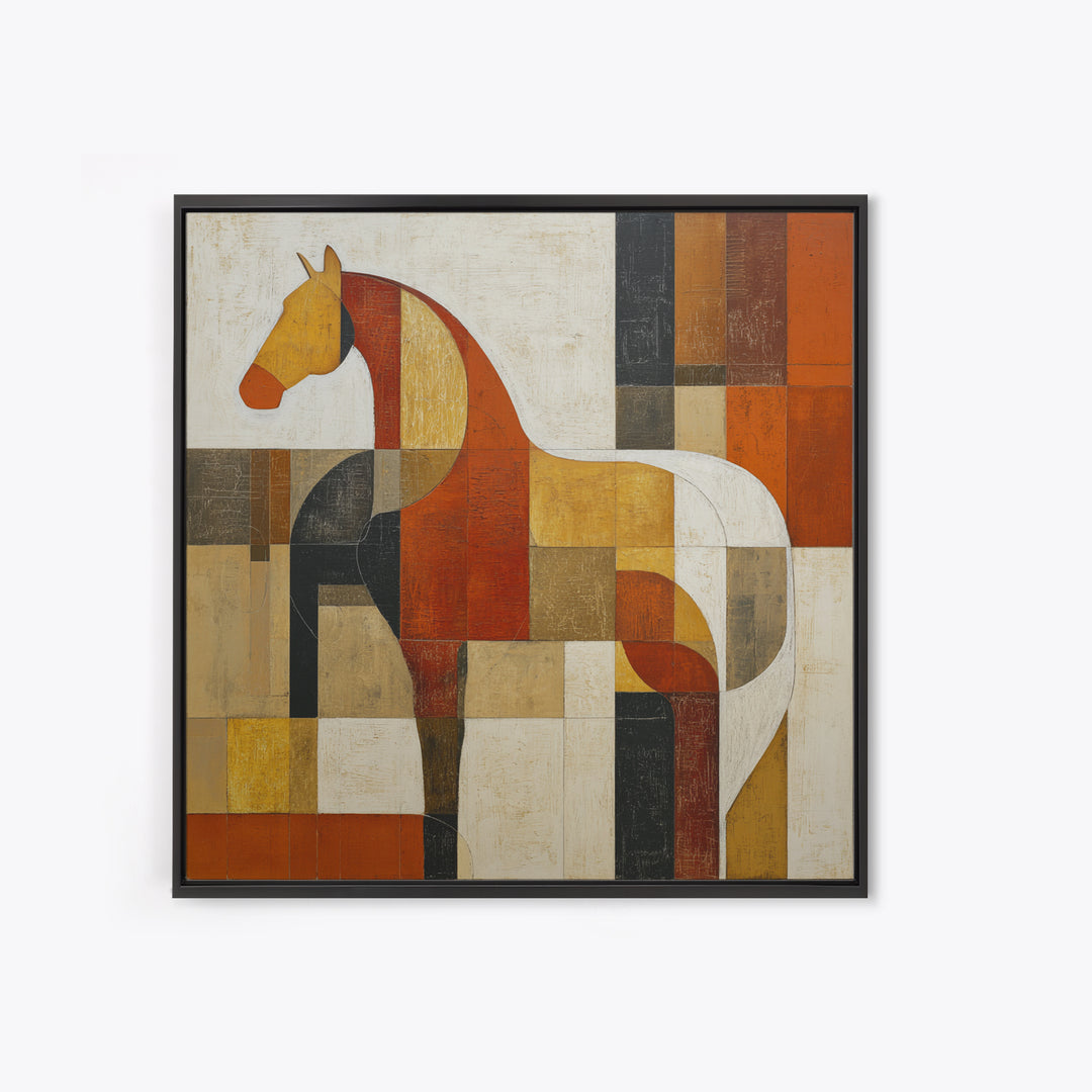 Mid Century Horse Framed Canvas Print, Midcentury Modern Art, Oversized Wall Art, Living Room Decor, Oil Painting, Retro, MMA-1x1-43