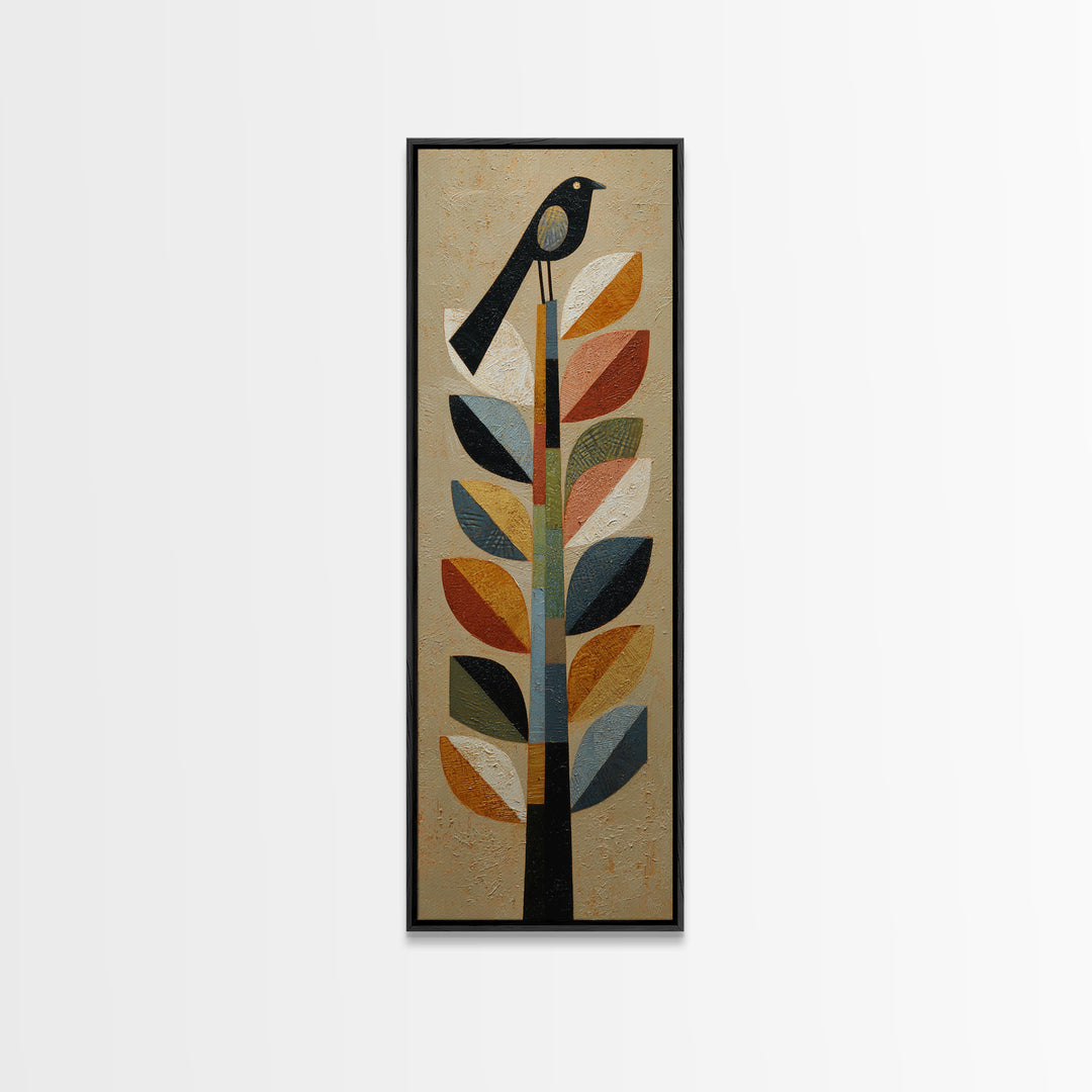 Bird Motif with Playful Geometric Feathers Canvas Print, Midcentury Modern Art, Retro Wall Art, Living Room Decor, Retro, MMA-1x3-96