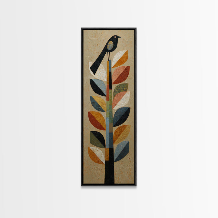 Bird Motif with Playful Geometric Feathers Canvas Print, Midcentury Modern Art, Retro Wall Art, Living Room Decor, Retro, MMA-1x3-96