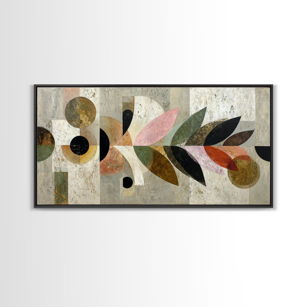 Bird Motif with Playful Geometric Feathers Framed Canvas Print, Midcentury Modern Art, Digital Print, Living Room Decor, Retro, MMA-2x1-80