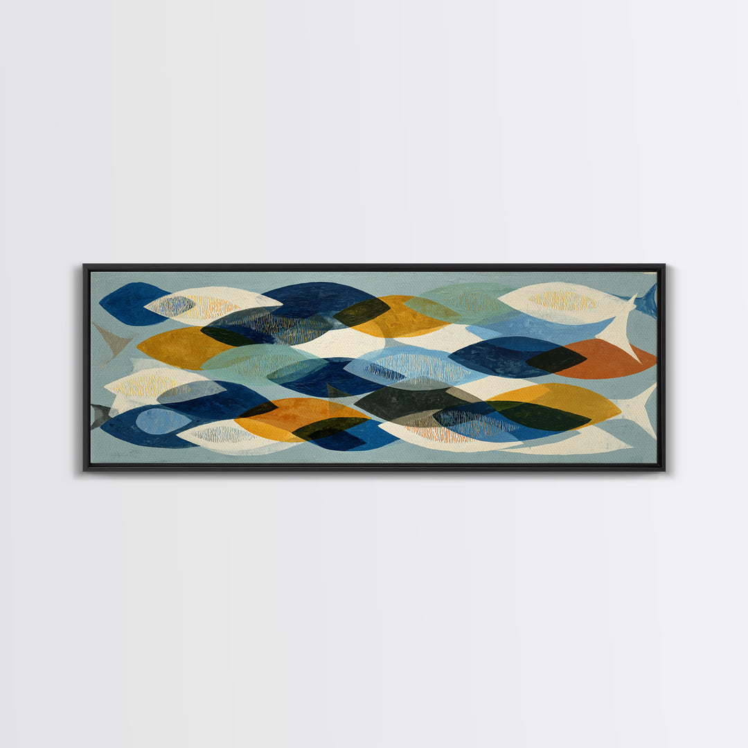 Abstract Fish Shapes Framed Canvas Print, Midcentury Modern Art, Digital Print, Living Room Decor, Retro, Minimalist Wall Art, MMA-3x1-82