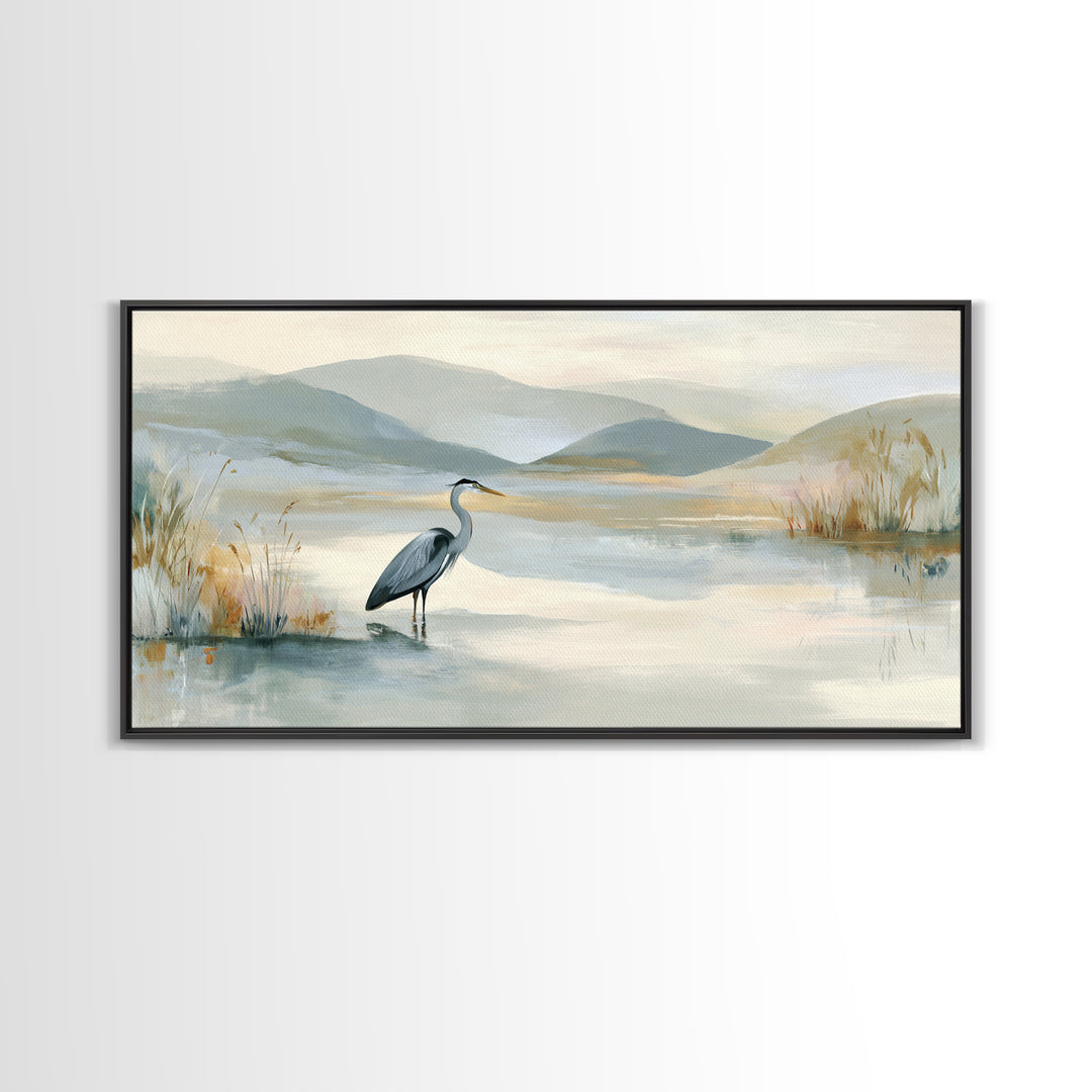Blue Heron Standing Framed Canvas Print, Medical Office Art, Art Print, Office Decor, Calm, Printable Art, Minimalist Art, MOA-2x1-34