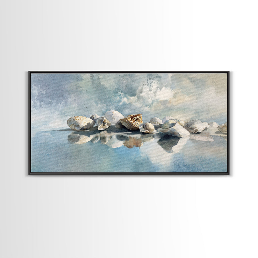 Coastal Shells and Water Study Framed Canvas Print, Medical Office Art, Home Decor, Office Decor, Fine Art, Calm, Medical Art, MOA-2x1-40