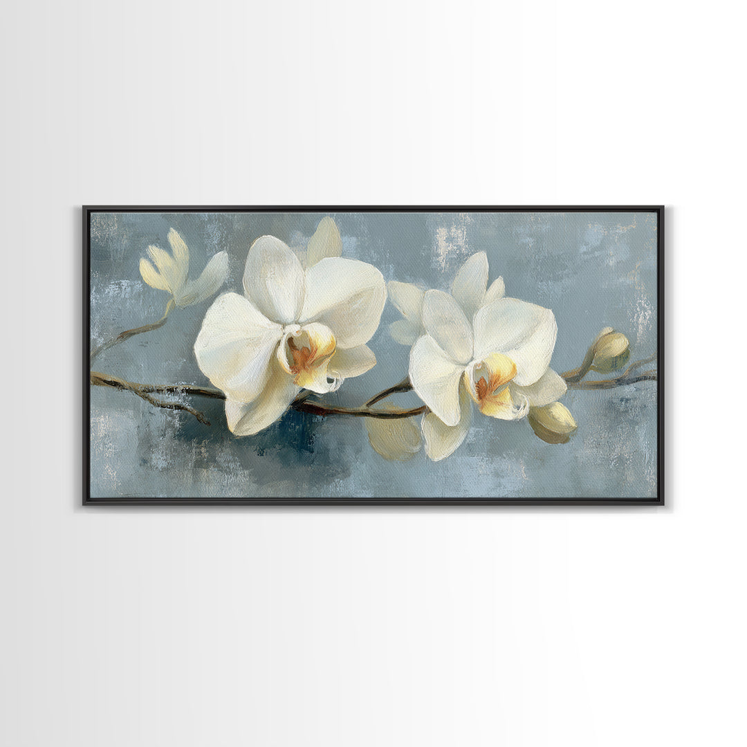 White Orchid on Gray Stone Surface Framed Canvas Print, Medical Office Art, Minimalist Decor, Office Decor, Fine Art, Calm, MOA-2x1-50