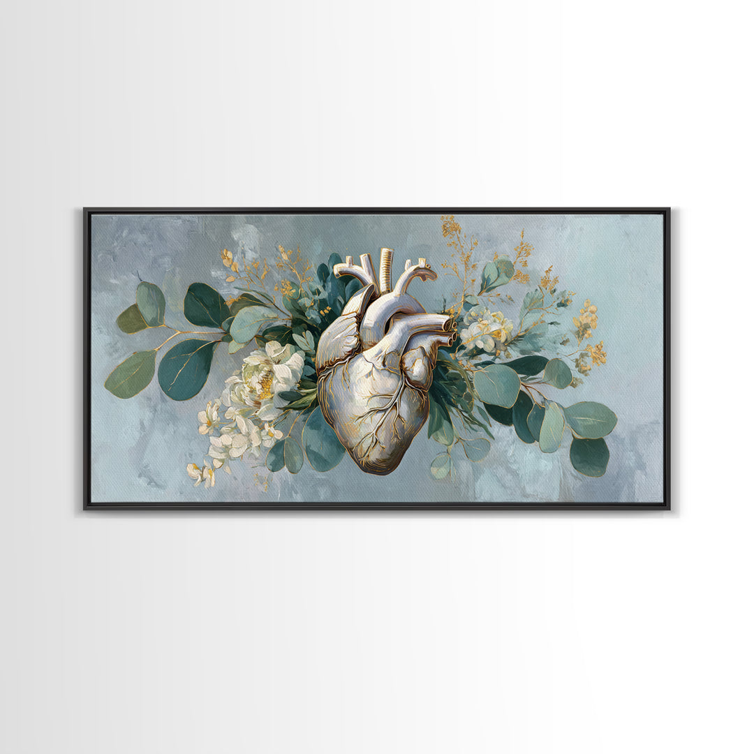 Anatomical Heart Rendered as Tasteful Botanical Art Canvas Print, Medical Office Art, Digital Art, Office Decor, Watercolor Art, MOA-2x1-57