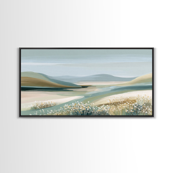Sunlit Meadow with Wildflowers and Calm Mood Framed Canvas Print, Medical Office Art, Luxury Decor, Office Decor, MOA-2x1-8