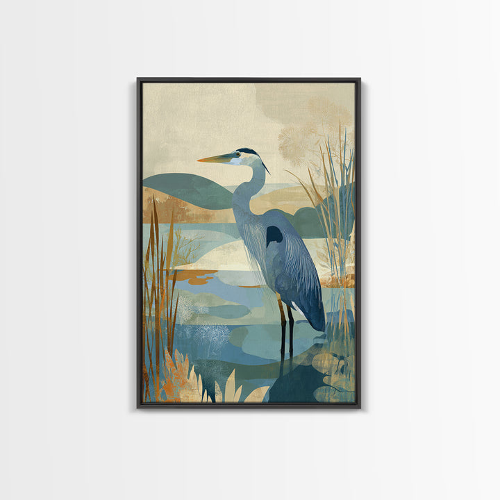 Blue Heron Standing Framed Canvas Print, Medical Office Art, Textured Painting, Office Decor, Fine Art, Calm, Minimalist Art, MOA-2x3-22