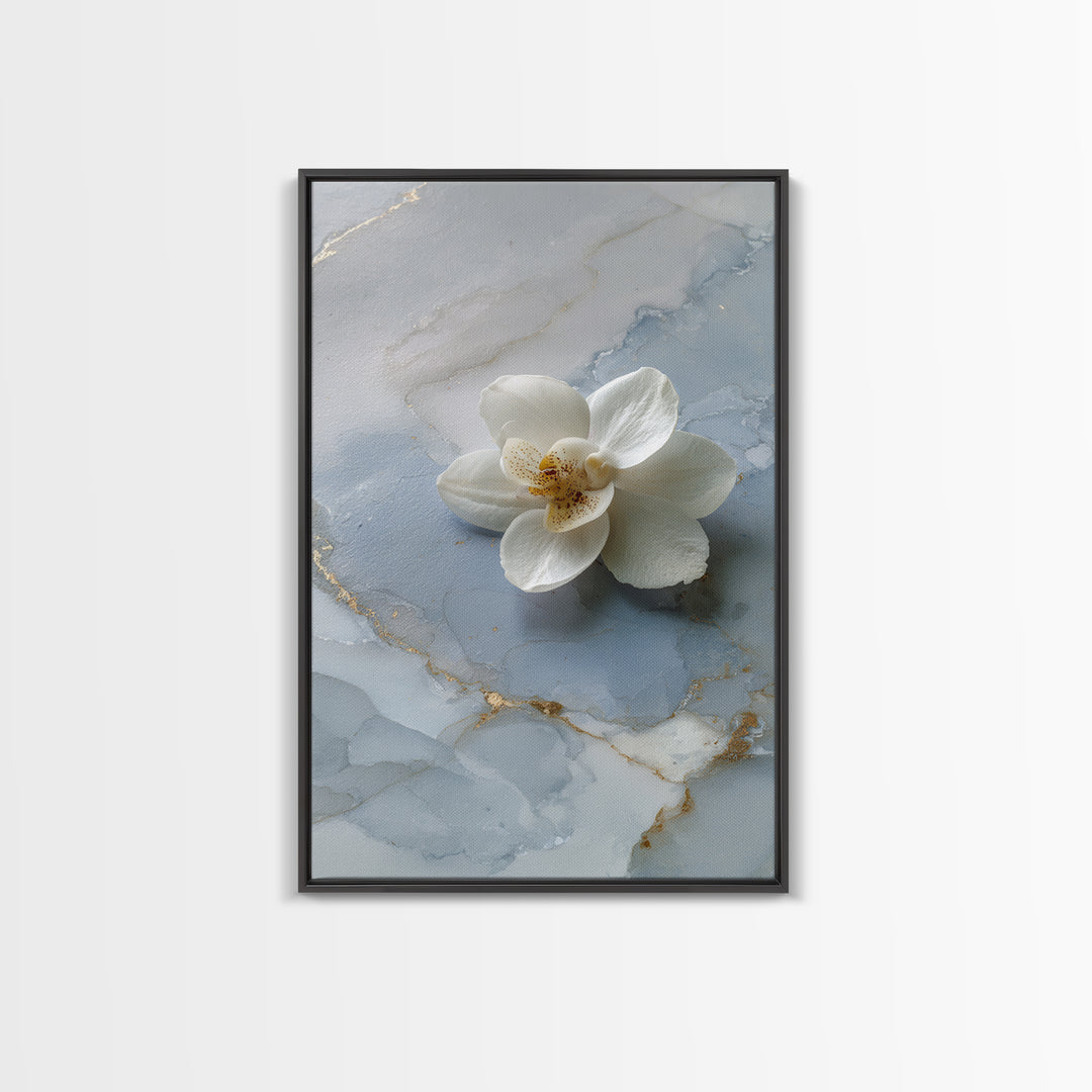White Orchid on Gray Stone Surface Framed Canvas Print, Medical Office Art, Wall Art, Office Decor, Calm, Printable Card, MOA-2x3-38
