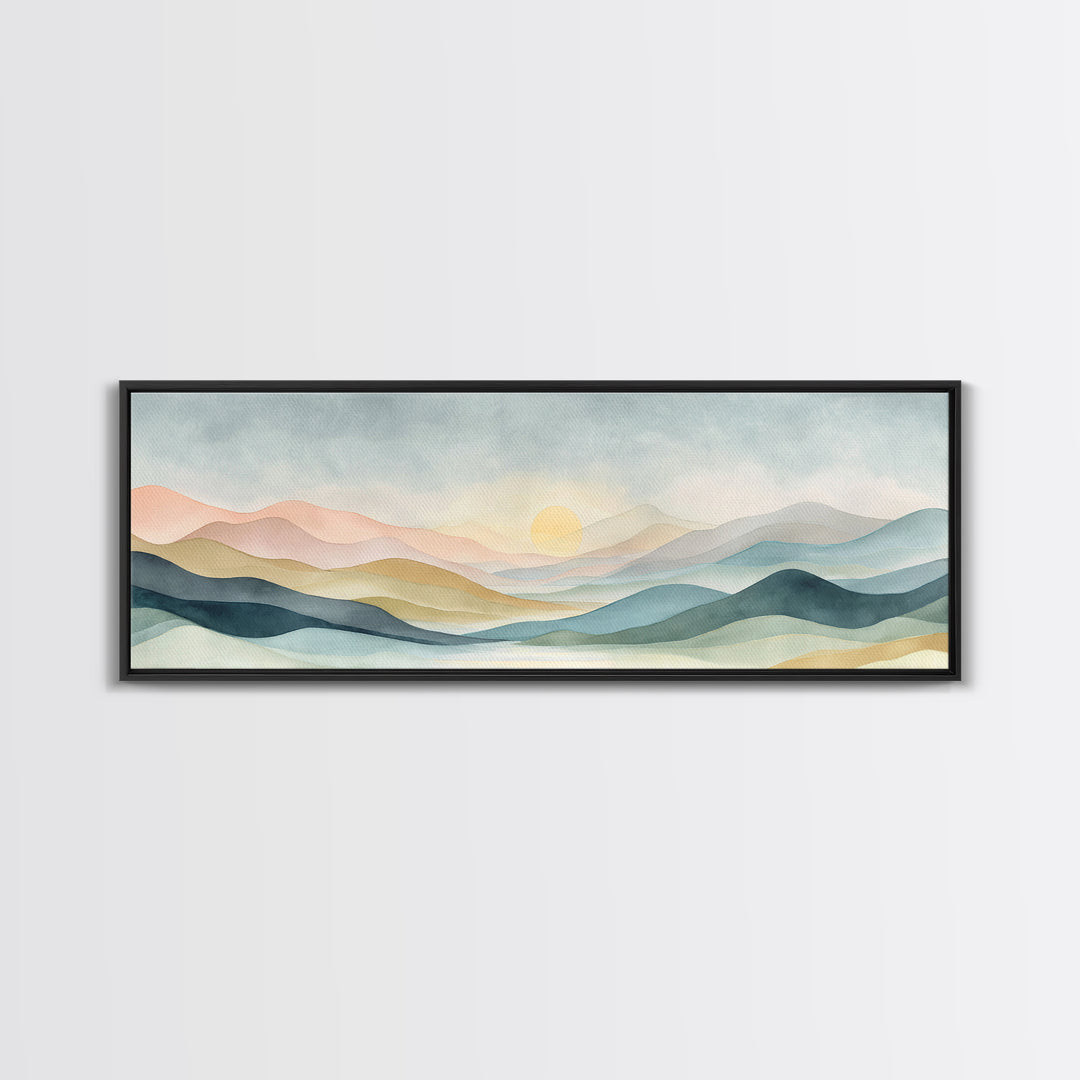 Minimal Sunrise over Rounded Hills Framed Canvas Print, Medical Office Art, Science Art, Office Decor, Fine Art, Calm, MOA-3x1-15