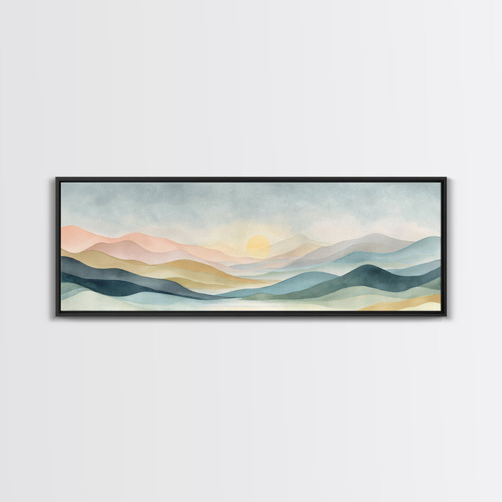 Minimal Sunrise over Rounded Hills Framed Canvas Print, Medical Office Art, Science Art, Office Decor, Fine Art, Calm, MOA-3x1-15