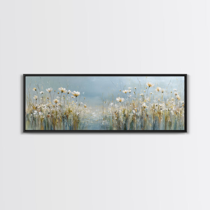 Sunlit Meadow with Wildflowers and Calm Mood Framed Canvas Print, Medical Office Art, Science Art, Office Decor, Watercolor Art, MOA-3x1-28